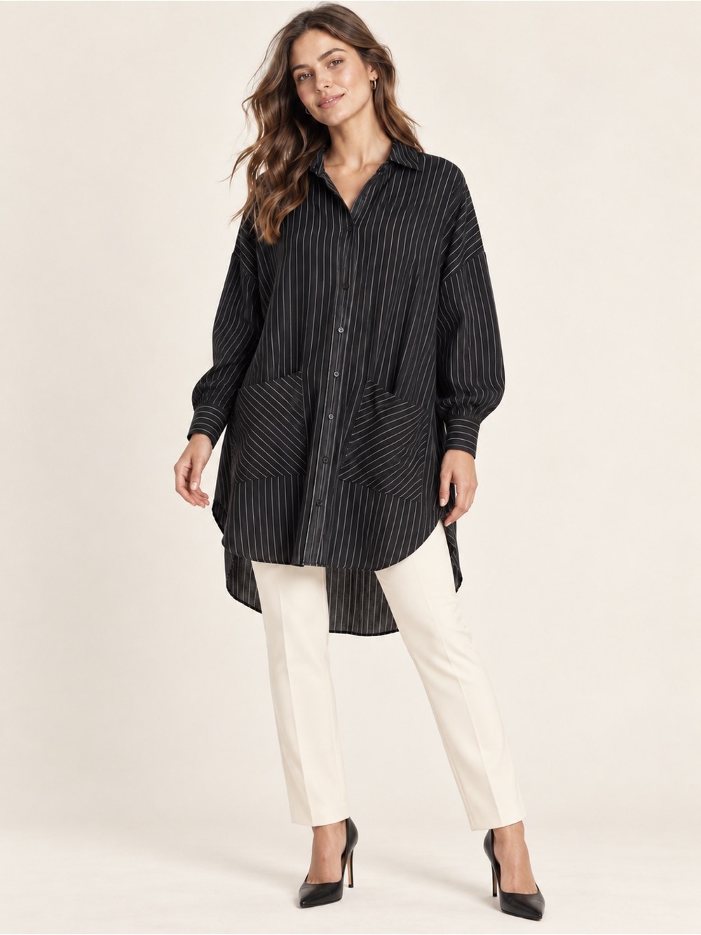 ASOS Design Black Pinstripe Oversized Longline Shirt Tunic Pockets Size M